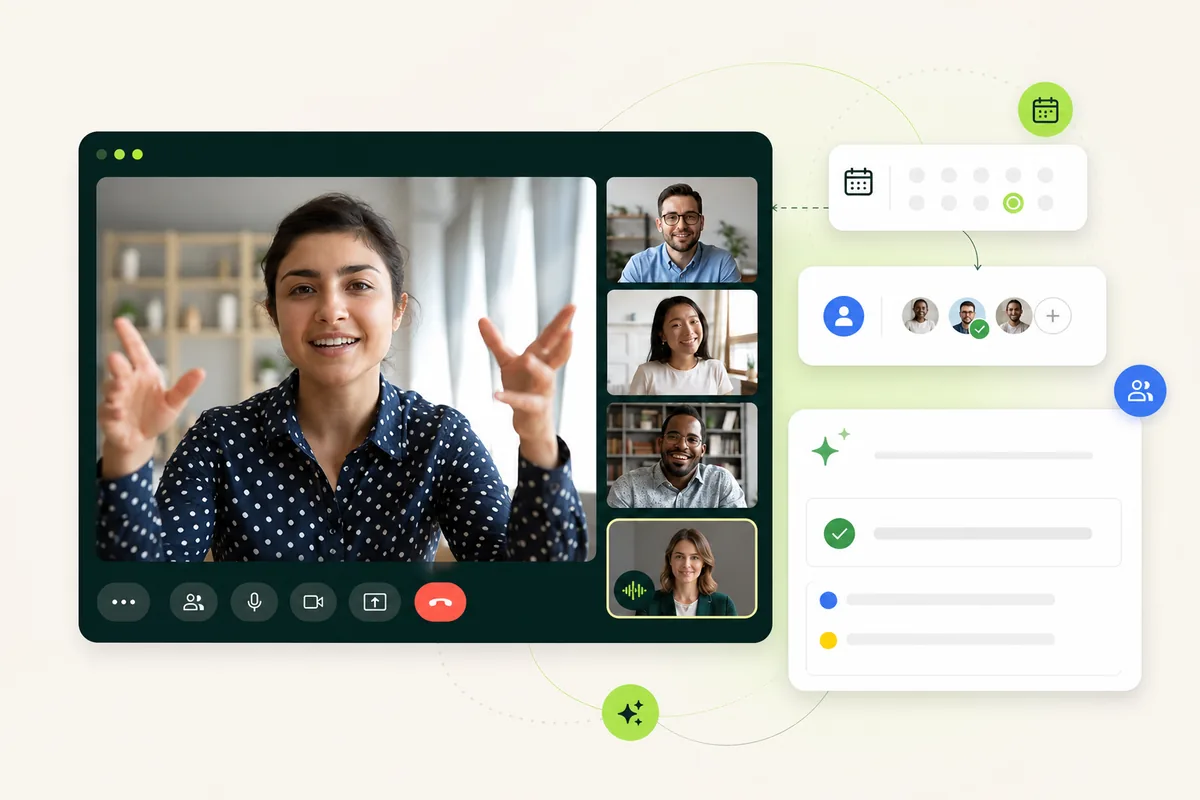 פגישת Google Meet עם משתתפים, בוט AI גלוי וכרטיס סיכום של מסכם